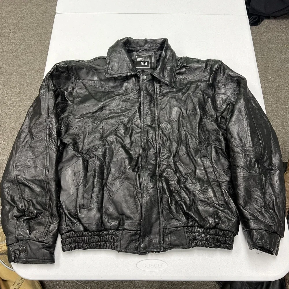 Junction West Patchwork Leather Bomber Jacket Mens L Black Vintage Textured Zip